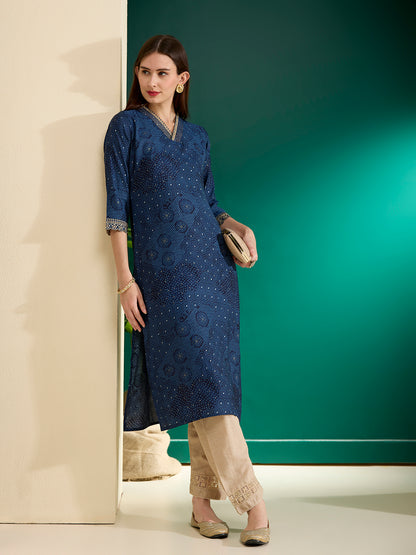 Ethnic Bandhani Foil Printed & Embroidered Straight Fit Kurta - Blue