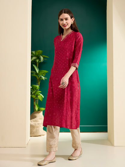 Bandhani Foil Printed Straight Fit Kurta - Pink