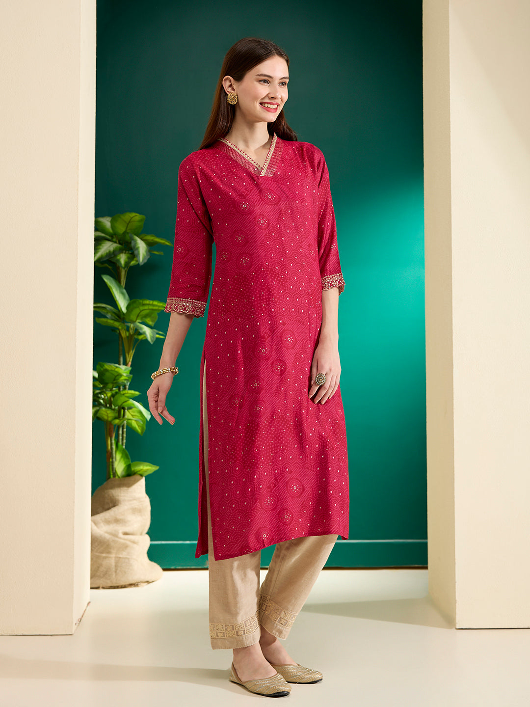Bandhani Foil Printed Straight Fit Kurta - Pink