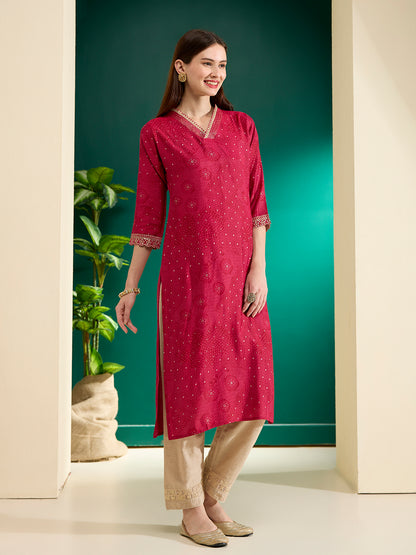 Bandhani Foil Printed Straight Fit Kurta - Pink