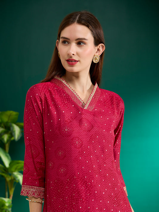 Bandhani Foil Printed Straight Fit Kurta - Pink