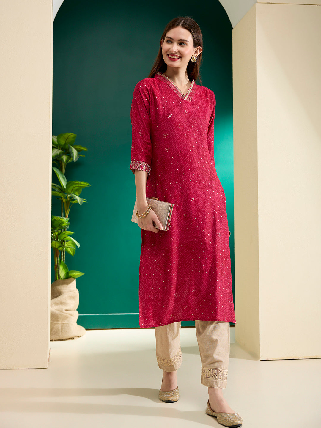 Bandhani Foil Printed Straight Fit Kurta - Pink