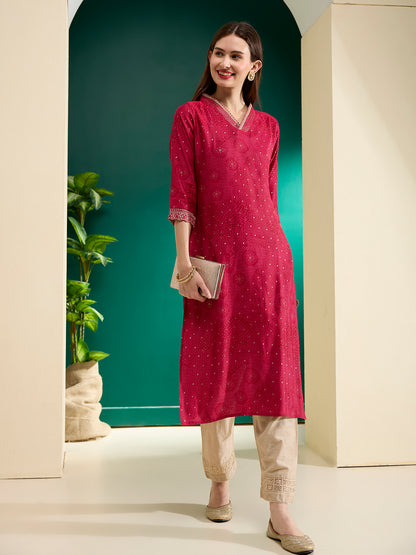 Bandhani Foil Printed Straight Fit Kurta - Pink