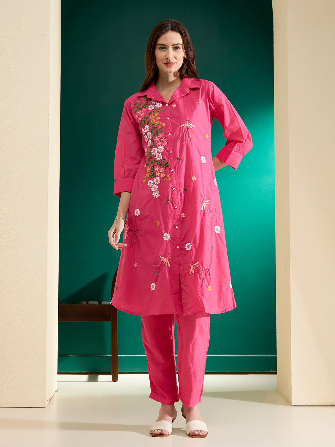 Solid Floral Resham Embroidered A-Line Co-ord Set - Pink