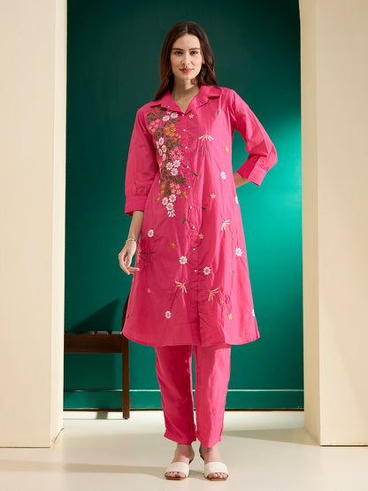 Solid Floral Resham Embroidered A-Line Co-ord Set - Pink