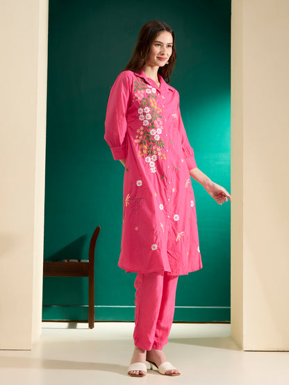 Solid Floral Resham Embroidered A-Line Co-ord Set - Pink