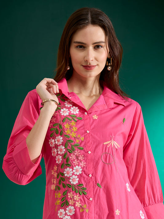 Solid Floral Resham Embroidered A-Line Co-ord Set - Pink