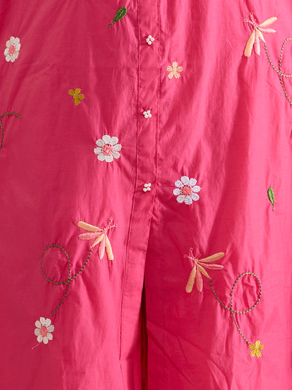 Solid Floral Resham Embroidered A-Line Co-ord Set - Pink