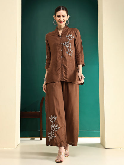 Solid Floral Cord Work Straight Fit Co-ord Set - Brown