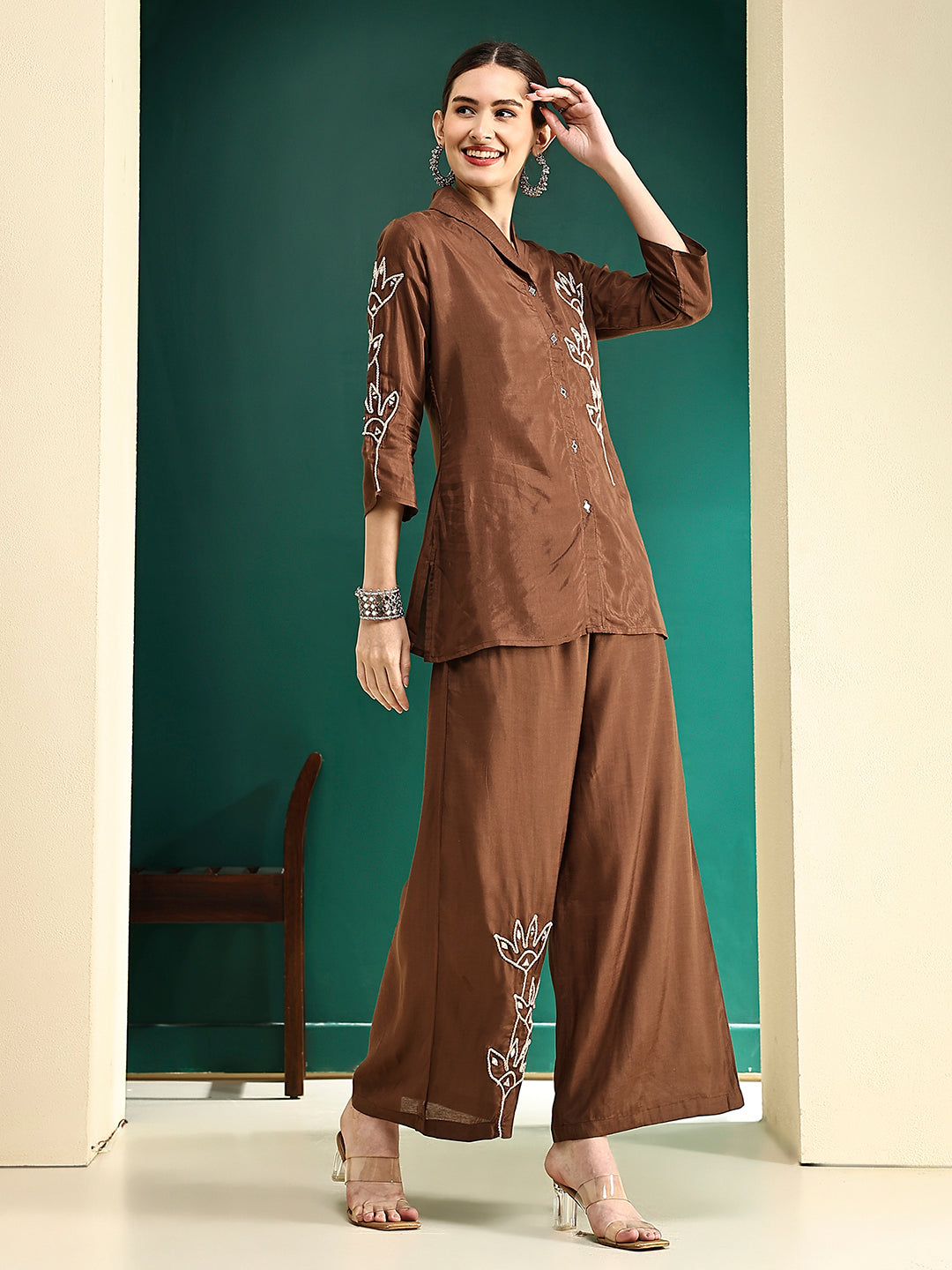 Solid Floral Cord Work Straight Fit Co-ord Set - Brown