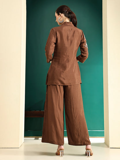 Solid Floral Cord Work Straight Fit Co-ord Set - Brown