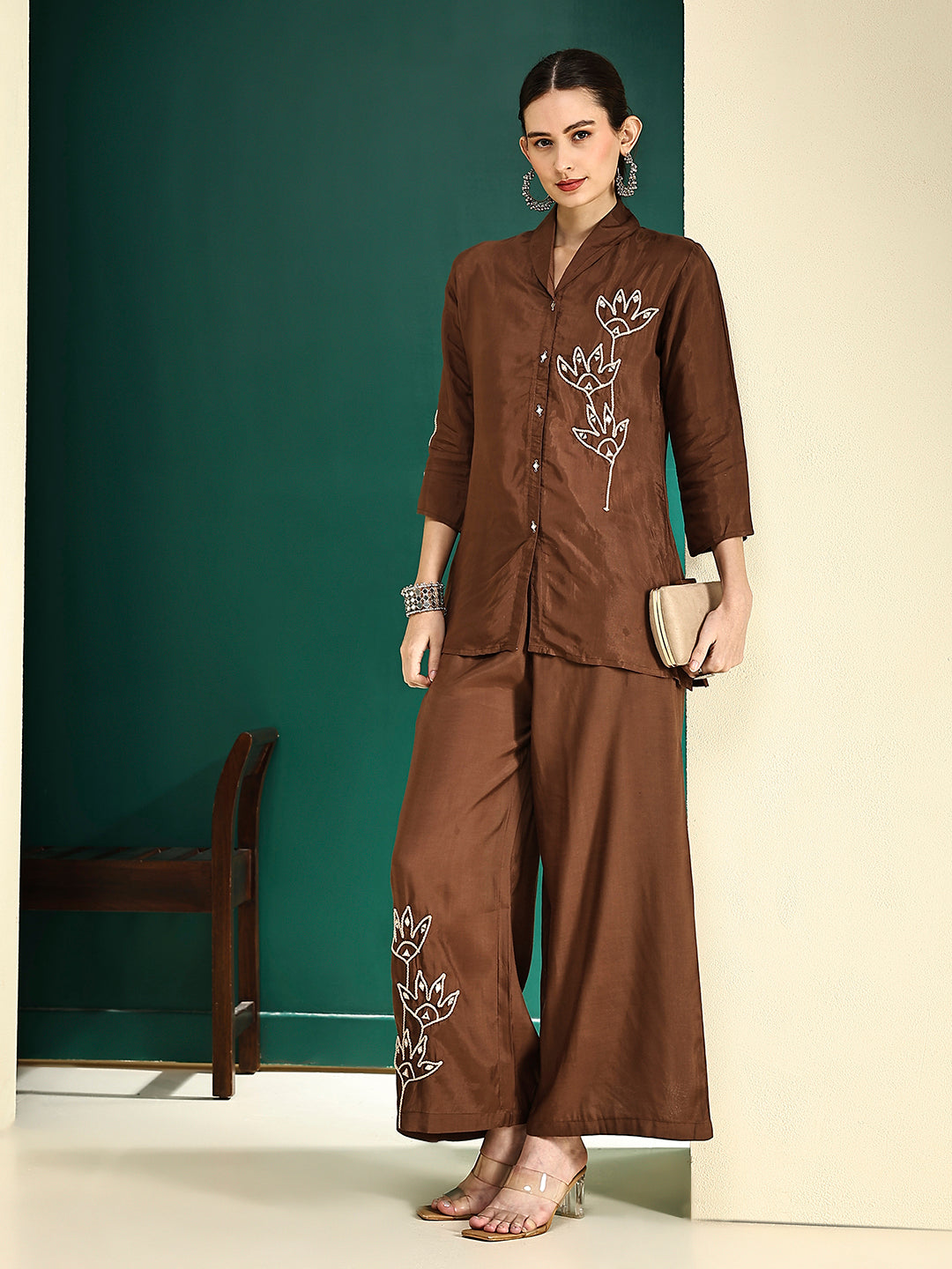 Solid Floral Cord Work Straight Fit Co-ord Set - Brown