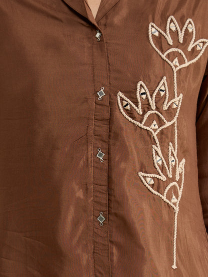 Solid Floral Cord Work Straight Fit Co-ord Set - Brown