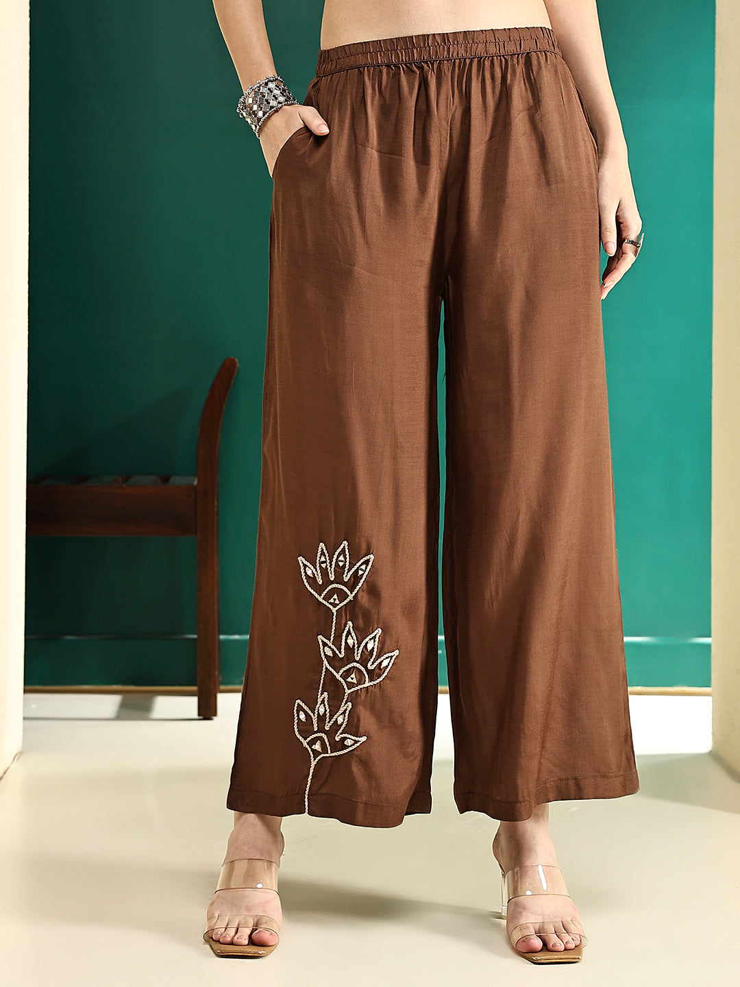 Solid Floral Cord Work Straight Fit Co-ord Set - Brown