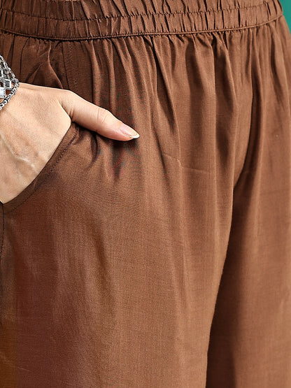 Solid Floral Cord Work Straight Fit Co-ord Set - Brown