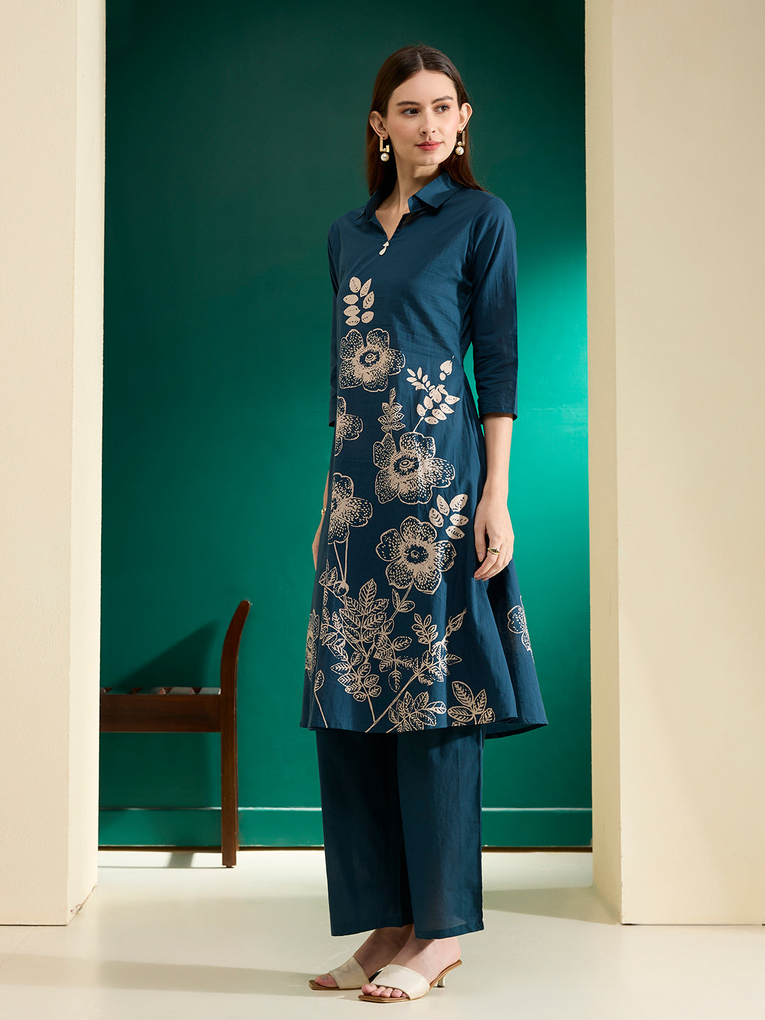 Abstract Floral Printed A-Line Fit Co-ord Set - Teal