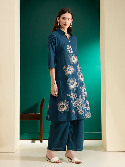 Abstract Floral Printed A-Line Fit Co-ord Set - Teal