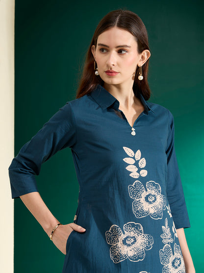 Abstract Floral Printed A-Line Fit Co-ord Set - Teal