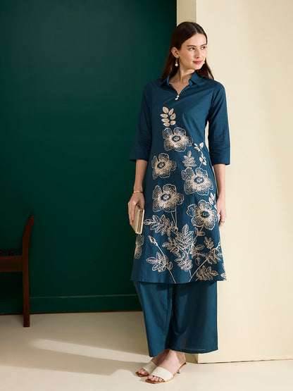 Abstract Floral Printed A-Line Fit Co-ord Set - Teal