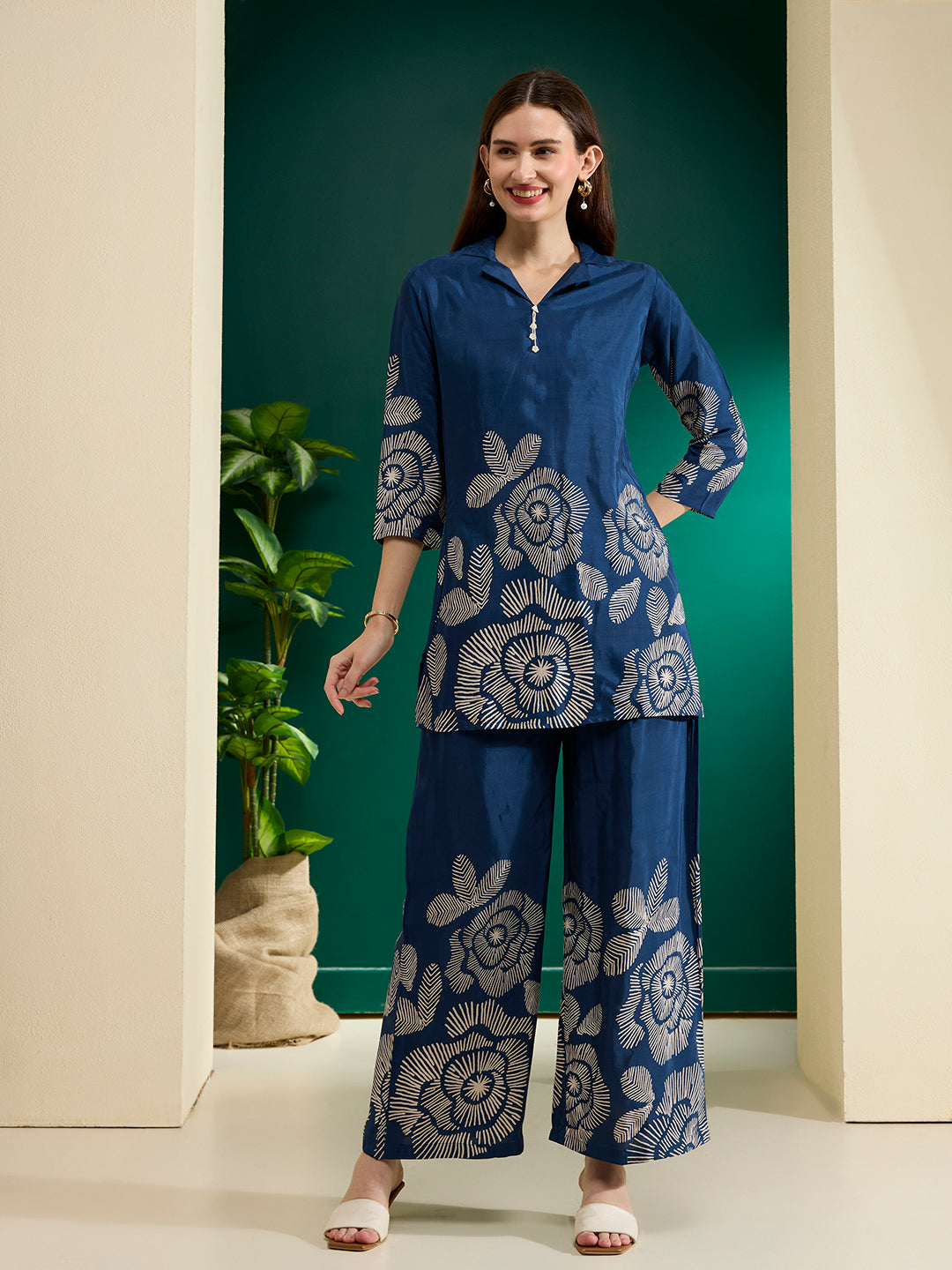 Abstract Floral Printed Straight Fit Co-ord Set - Blue