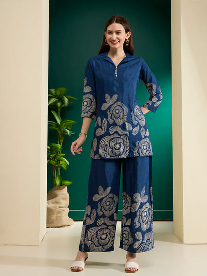 Abstract Floral Printed Straight Fit Co-ord Set - Blue