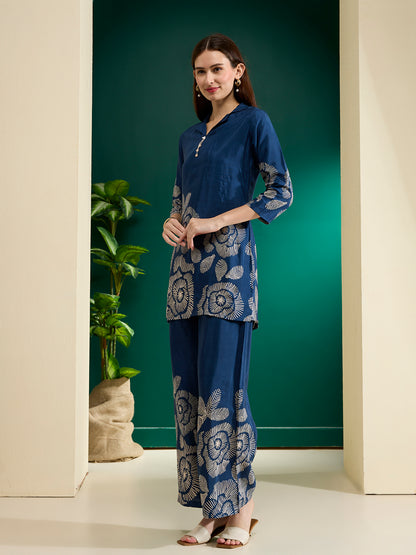 Abstract Floral Printed Straight Fit Co-ord Set - Blue