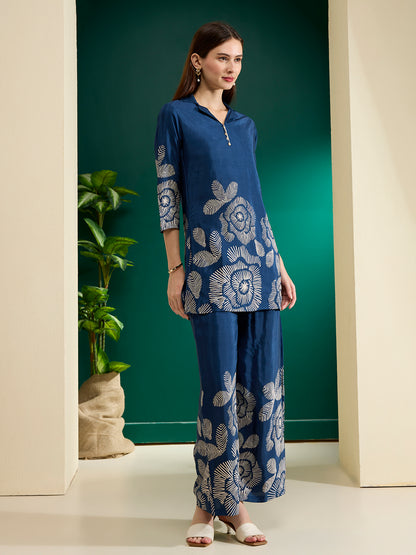 Abstract Floral Printed Straight Fit Co-ord Set - Blue