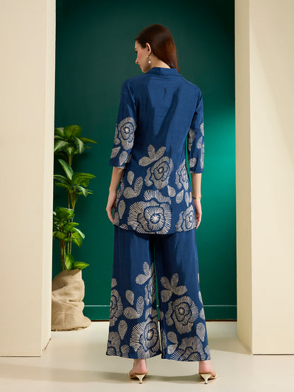 Abstract Floral Printed Straight Fit Co-ord Set - Blue