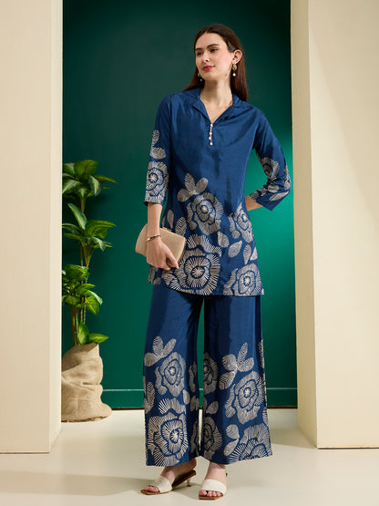 Abstract Floral Printed Straight Fit Co-ord Set - Blue