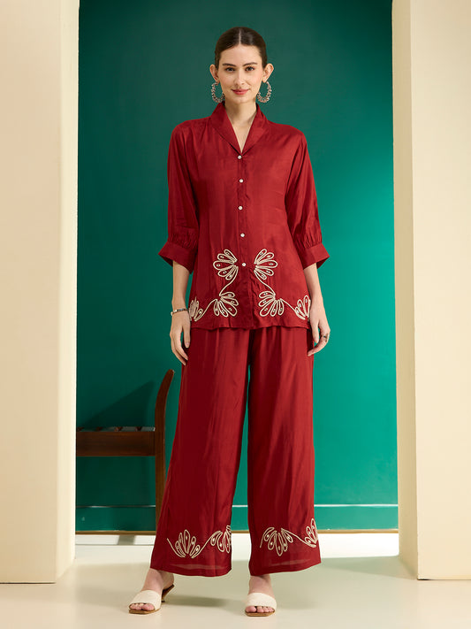 Solid Cord work Embroidered Straight Fit Co-ord Set - Rust