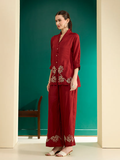 Solid Cord work Embroidered Straight Fit Co-ord Set - Rust