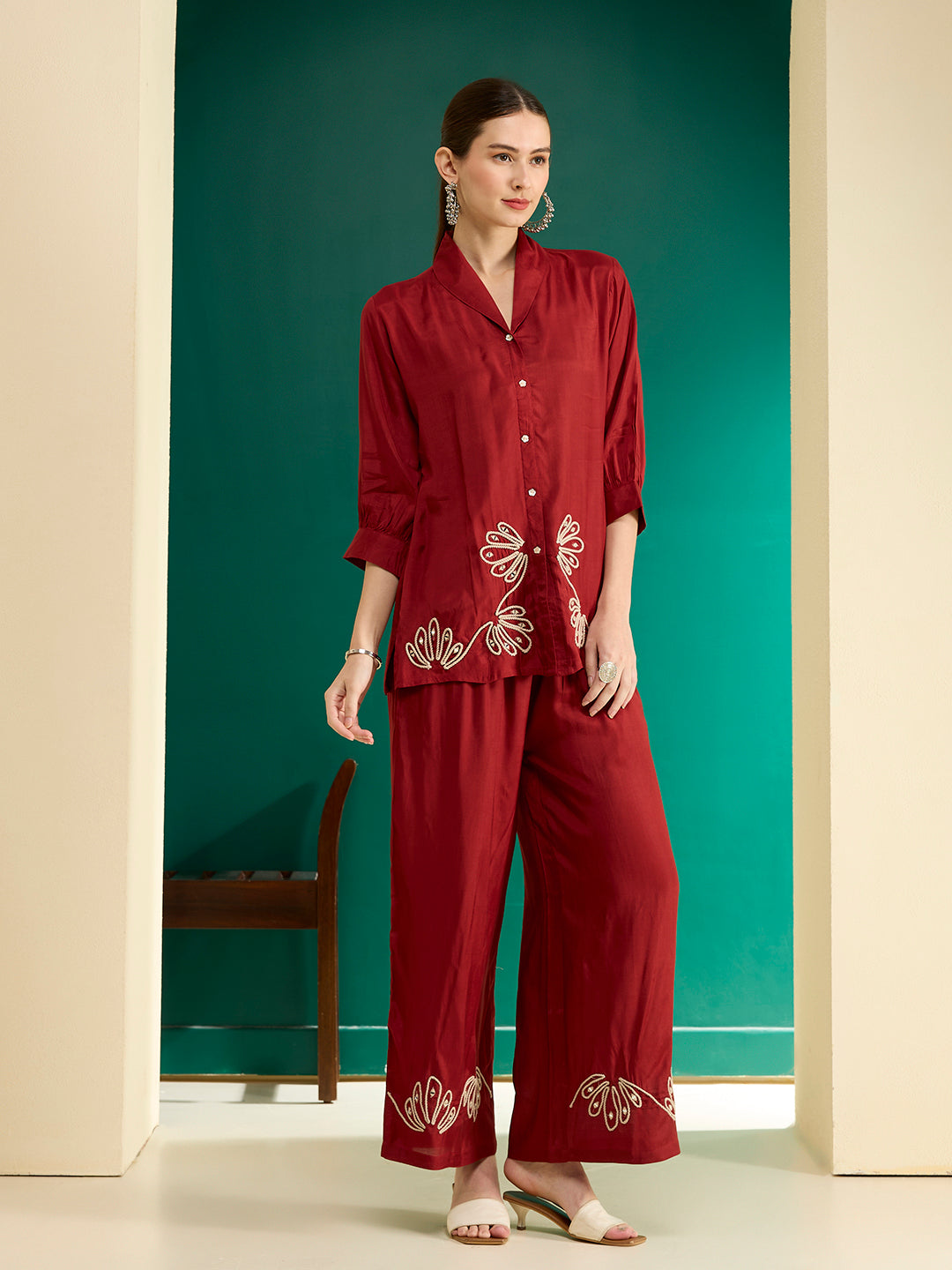 Solid Cord work Embroidered Straight Fit Co-ord Set - Rust