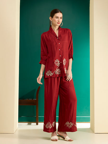 Solid Cord work Embroidered Straight Fit Co-ord Set - Rust