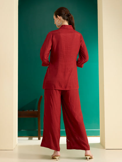 Solid Cord work Embroidered Straight Fit Co-ord Set - Rust