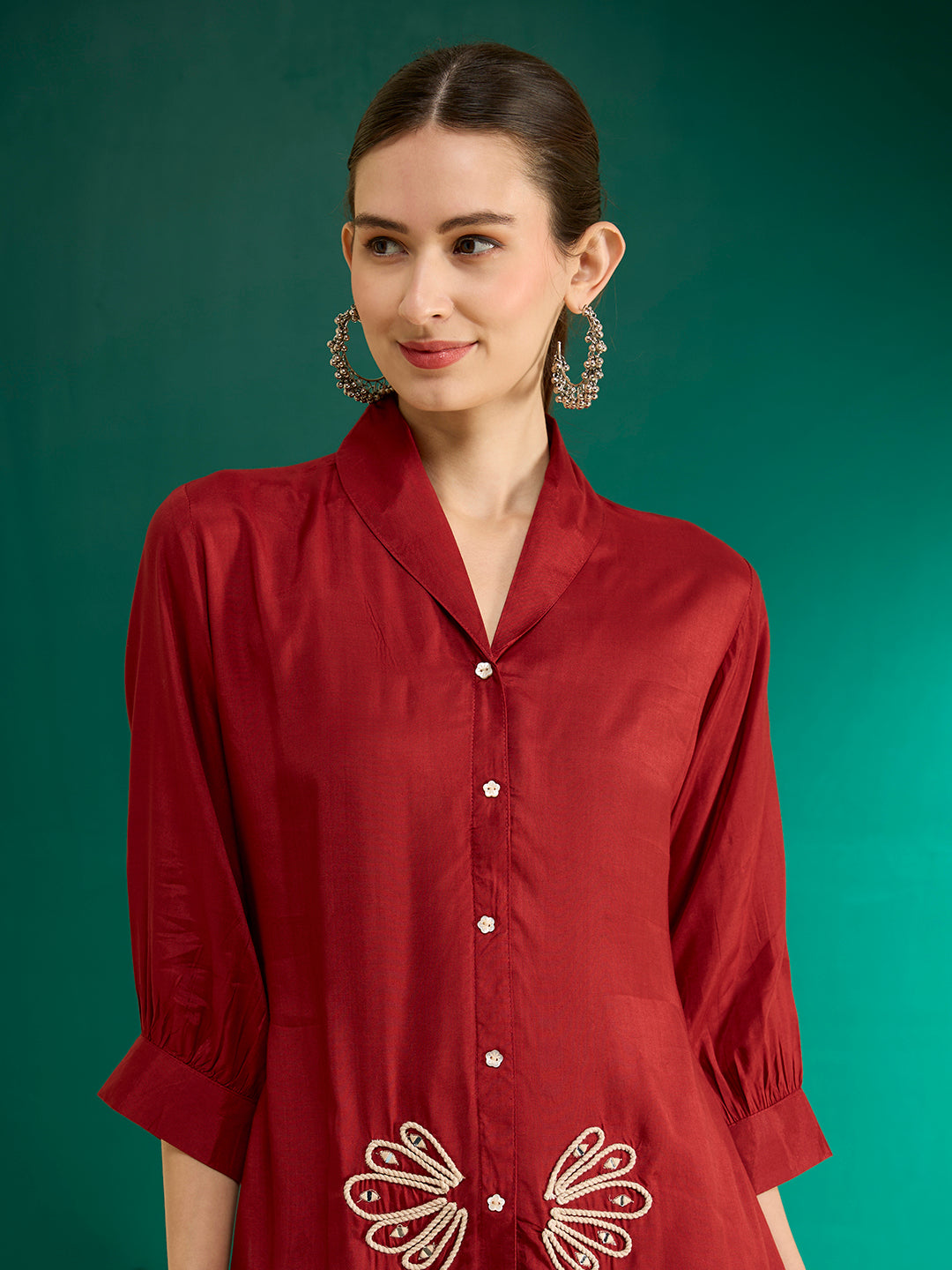 Solid Cord work Embroidered Straight Fit Co-ord Set - Rust