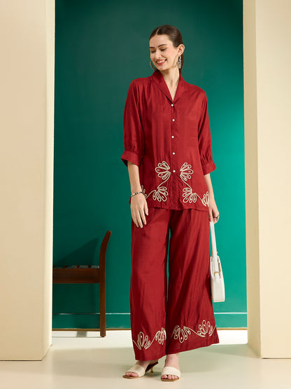 Solid Cord work Embroidered Straight Fit Co-ord Set - Rust