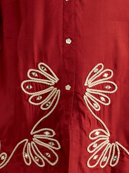 Solid Cord work Embroidered Straight Fit Co-ord Set - Rust