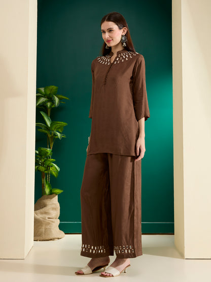 Solid Mirror Work Embroidered Straight Fit Co-ord Set - Brown