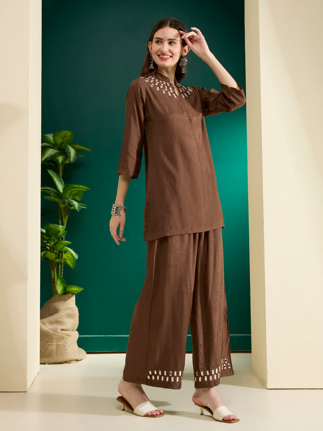Solid Mirror Work Embroidered Straight Fit Co-ord Set - Brown