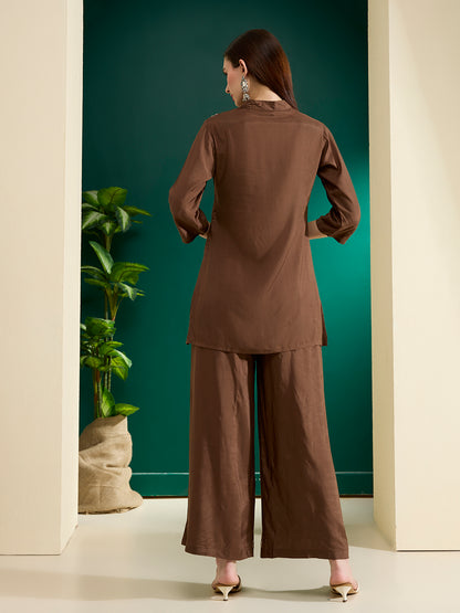 Solid Mirror Work Embroidered Straight Fit Co-ord Set - Brown