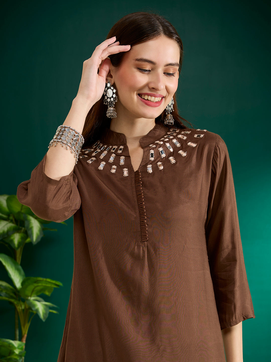 Solid Mirror Work Embroidered Straight Fit Co-ord Set - Brown