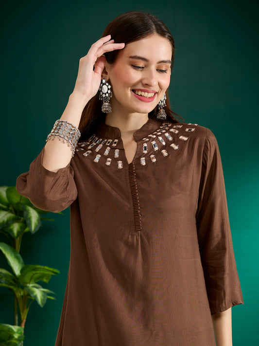 Solid Mirror Work Embroidered Straight Fit Co-ord Set - Brown