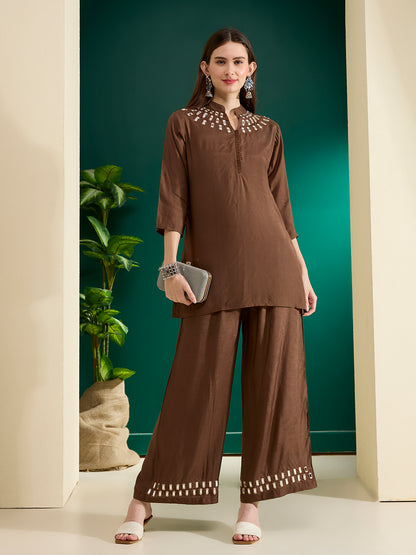 Solid Mirror Work Embroidered Straight Fit Co-ord Set - Brown
