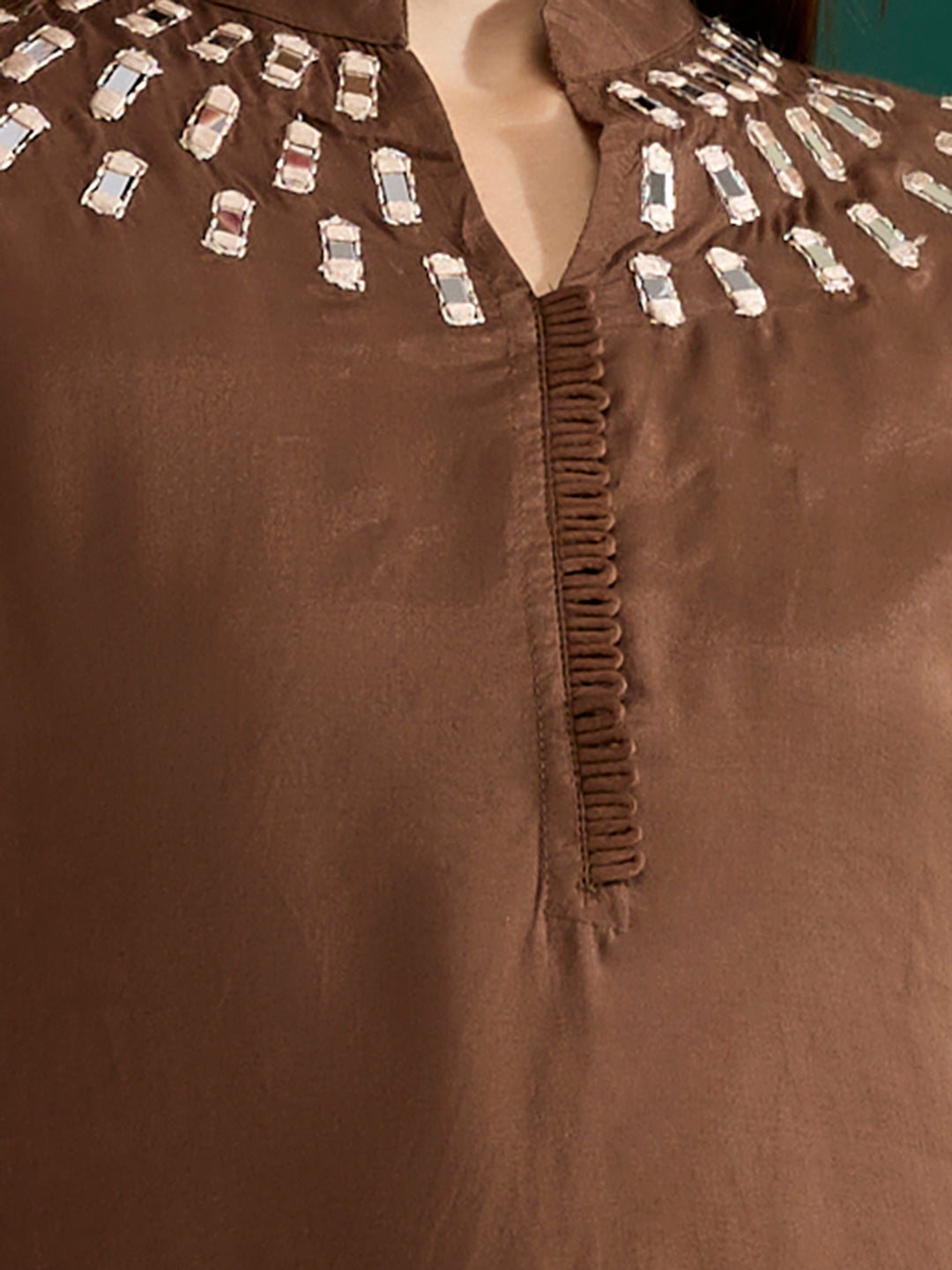 Solid Mirror Work Embroidered Straight Fit Co-ord Set - Brown