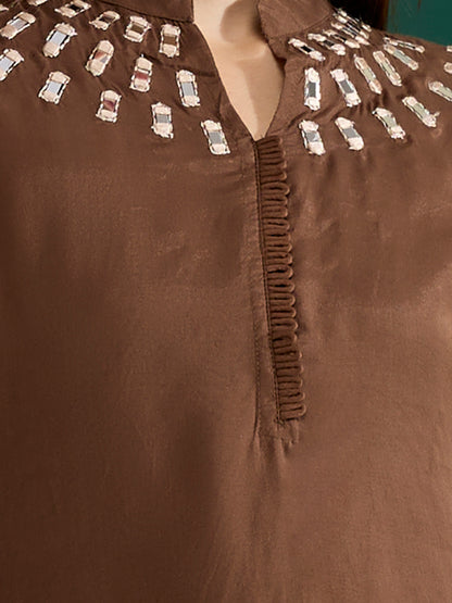 Solid Mirror Work Embroidered Straight Fit Co-ord Set - Brown
