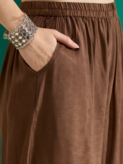 Solid Mirror Work Embroidered Straight Fit Co-ord Set - Brown