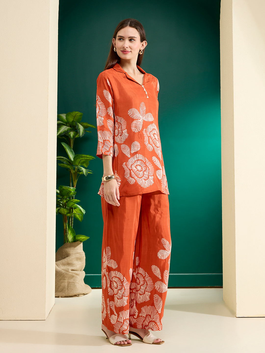 Abstract Printed A-Line Co-ord Set - Rust