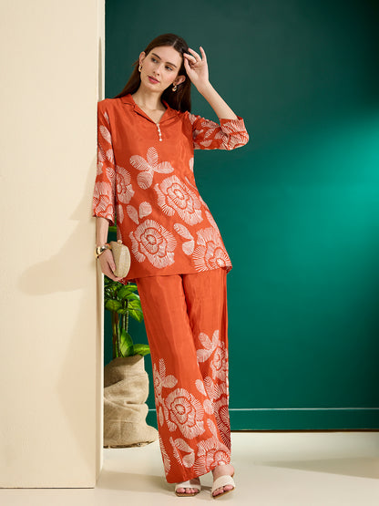 Abstract Printed A-Line Co-ord Set - Rust