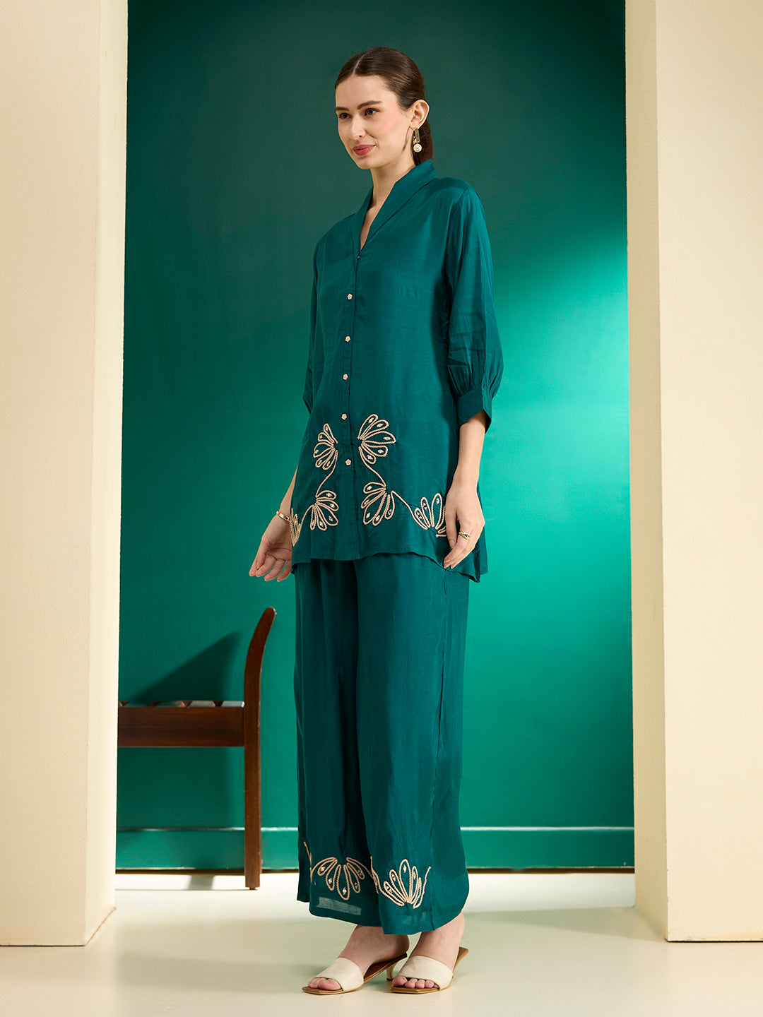 Solid Cord work Embroidered Straight Fit Co-ord Set - Teal