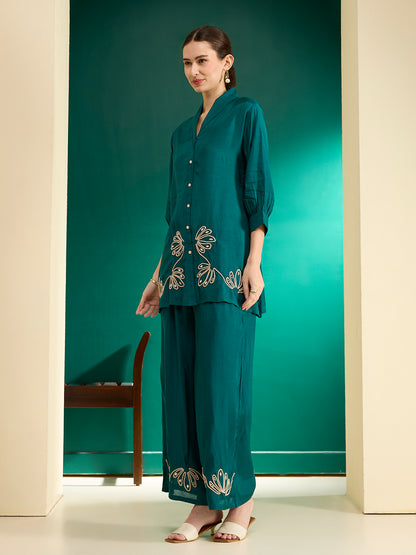 Solid Cord work Embroidered Straight Fit Co-ord Set - Teal